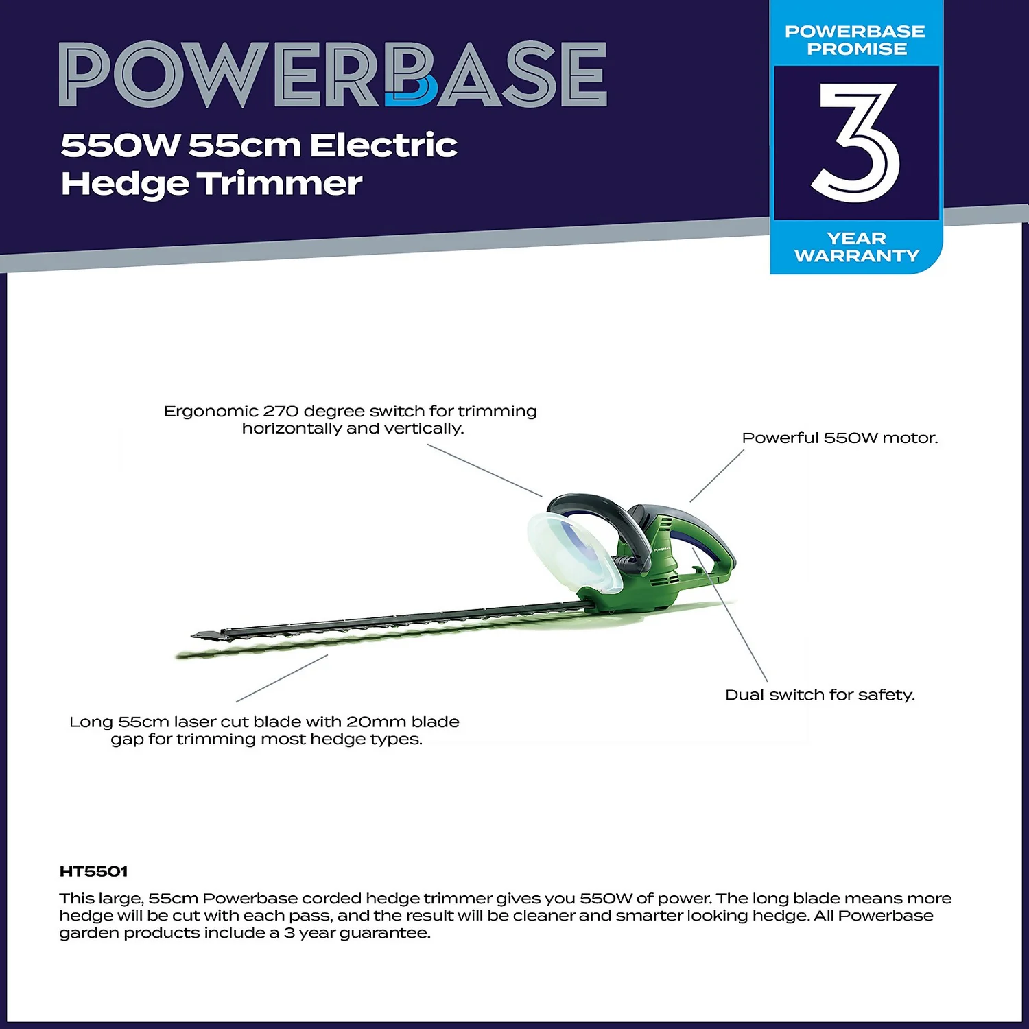 Powerbase 550W Electric Hedge Trimmer - 55cm Powerbase 550W Electric Hedge Trimmer - 55cm -Garden Care Shop 12885497 1725058716618559